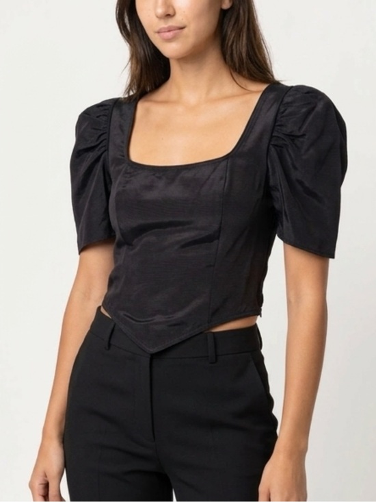 Batsheva Tops - Batsheva Black Puff-Sleeve Square-Neck Crop Top